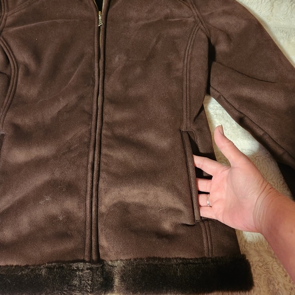 Sonoma Life+Style Womems Sz L Coat Brown Faux Suede & Fur Lined Hooded Pockets - Picture 7 of 12